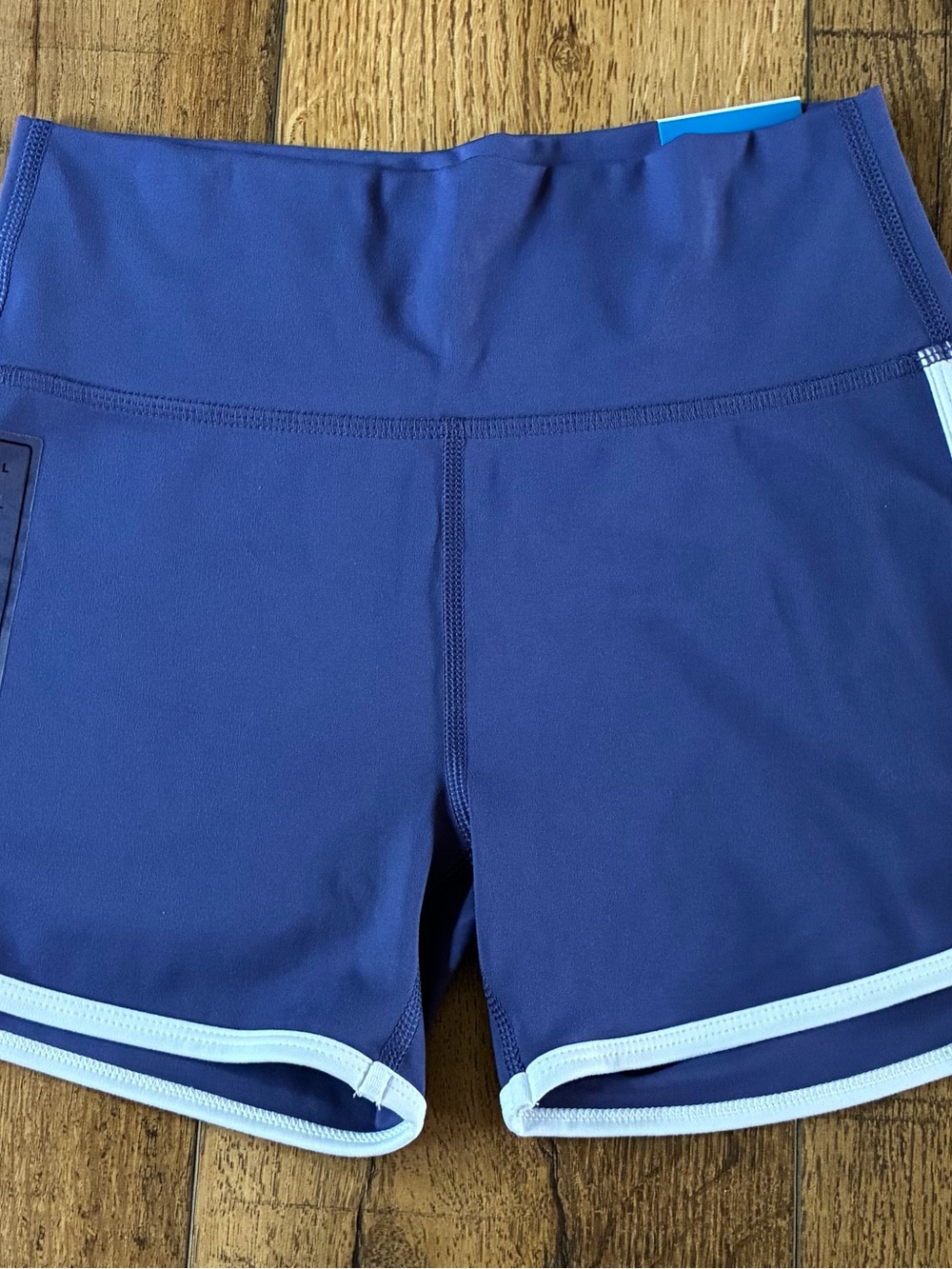 High-Waist Navy Women's Active Shorts with Light Blue Trim